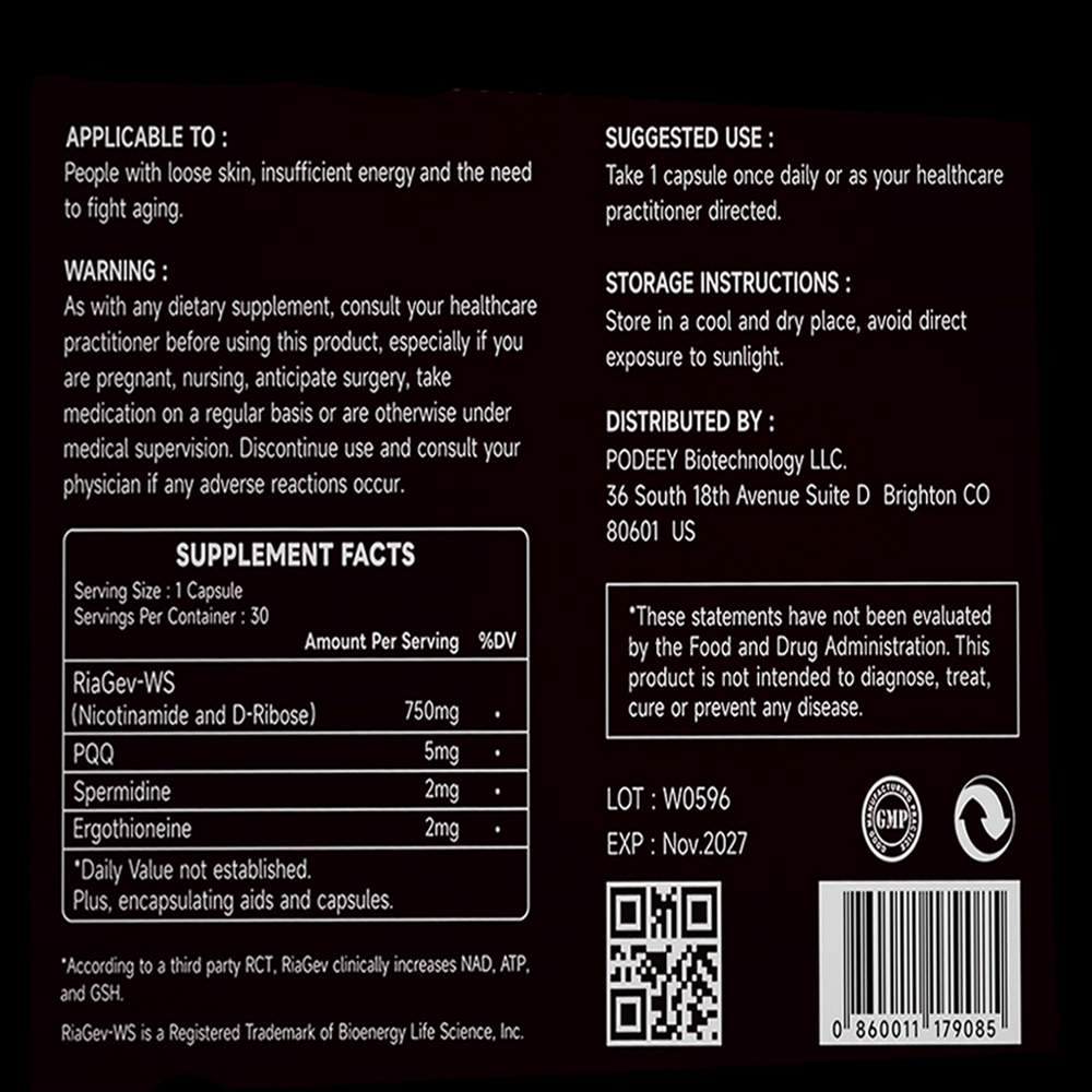 podeey NAD supplement Supports cellular health, endurance and healthy aging NAD Plus,30-day supply